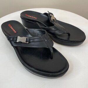 Vintage Prada Sport Y2K Women Leather Slip On Wedge Sandals Size 37 6.5 7 Black